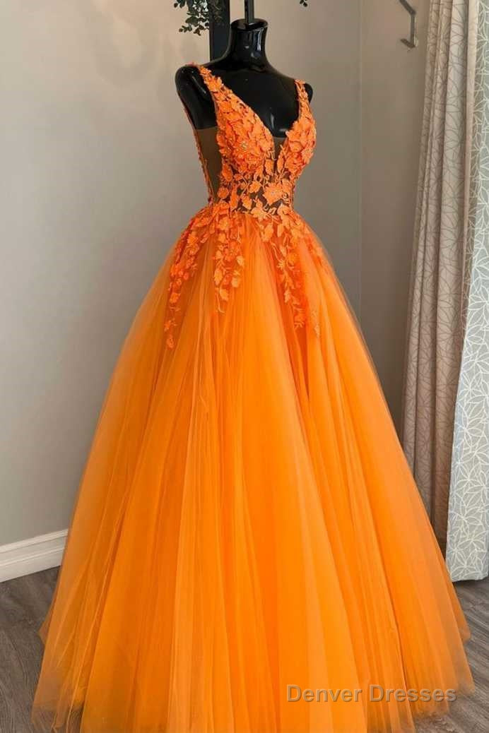 Gorgeous Orange V-Neck Floral Tulle Long Prom Dress Secondary image