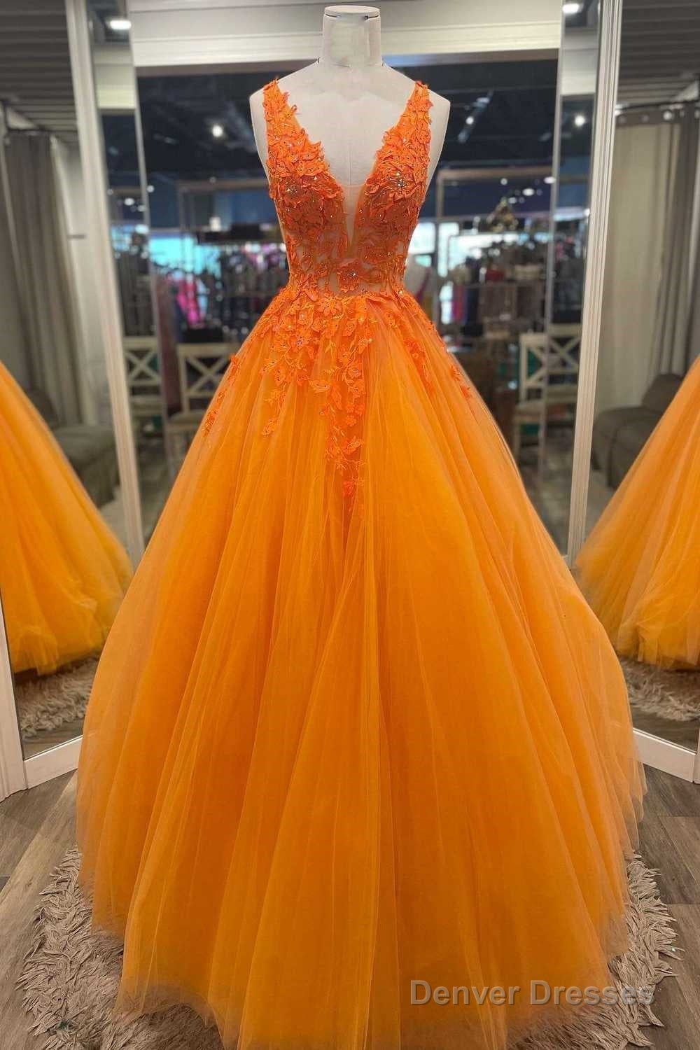 Gorgeous Orange V-Neck Floral Tulle Long Prom Dress Main image