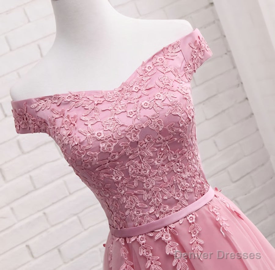 Gorgeous Pink A Line Lace Off Shoulder Prom Dress,Cheap evening dresses,Sexy Formal Dress Secondary image