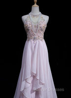 Gorgeous Pink A-Line Tulle High Neck Chiffon Long Beaded Backless Prom Dress Retro Wedding Birthday Dress