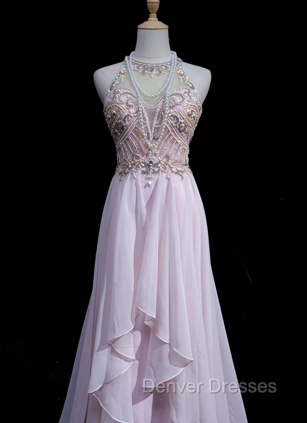 Gorgeous Pink A-Line Tulle High Neck Chiffon Long Beaded Backless Prom Dress Retro Wedding Birthday Dress