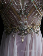 Gorgeous Pink A-Line Tulle High Neck Chiffon Long Beaded Backless Prom Dress Retro Wedding Birthday Dress
