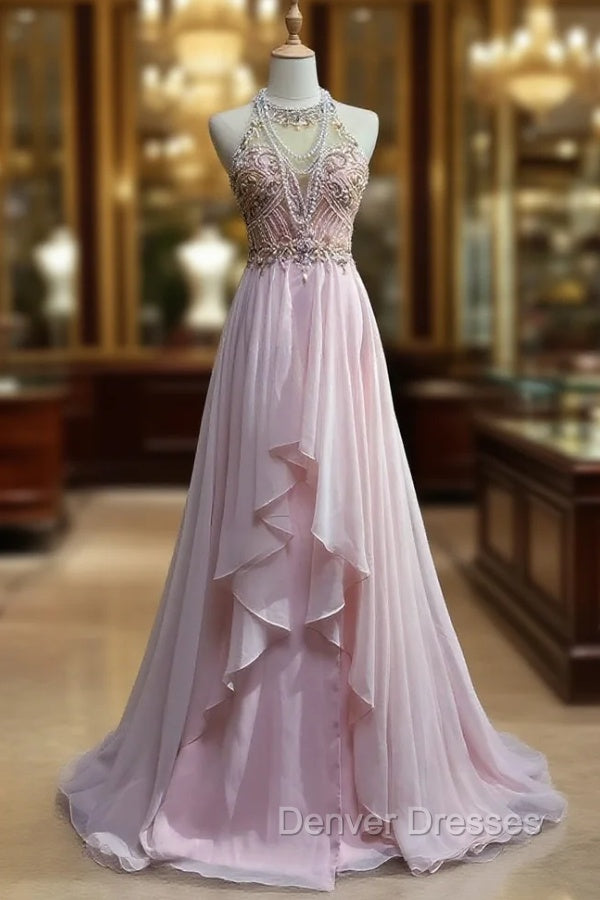 Gorgeous Pink A-Line Tulle High Neck Chiffon Long Beaded Backless Prom Dress Retro Wedding Birthday Dress Main image
