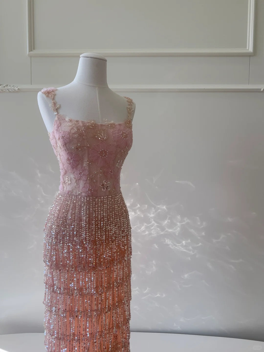 Gorgeous Pink Slim Square Neck 3D Flower Sequin Tassel Long Prom Dress Evening Dress Secondary image