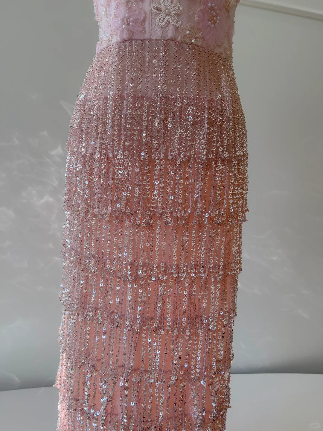Gorgeous Pink Slim Square Neck 3D Flower Sequin Tassel Long Prom Dress Evening Dress