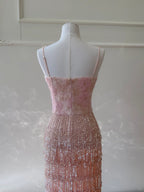 Gorgeous Pink Slim Square Neck 3D Flower Sequin Tassel Long Prom Dress Evening Dress