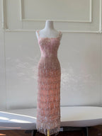 Gorgeous Pink Slim Square Neck 3D Flower Sequin Tassel Long Prom Dress Evening Dress