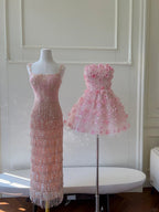 Gorgeous Pink Slim Square Neck 3D Flower Sequin Tassel Long Prom Dress Evening Dress
