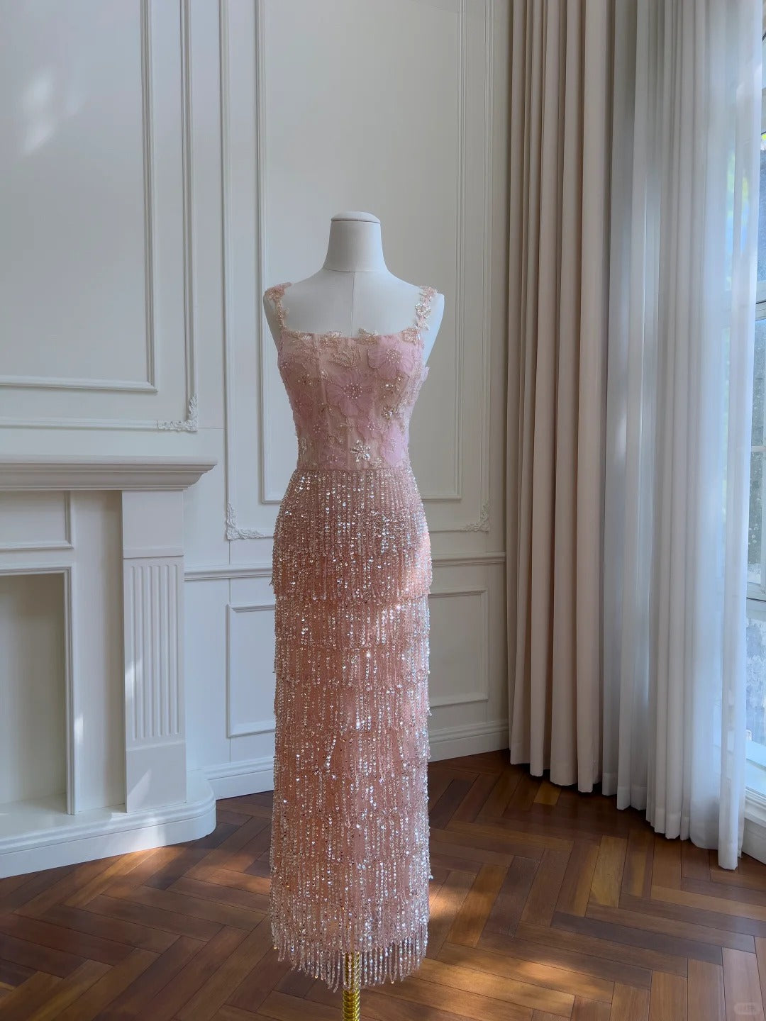 Gorgeous Pink Slim Square Neck 3D Flower Sequin Tassel Long Prom Dress Evening Dress Main image