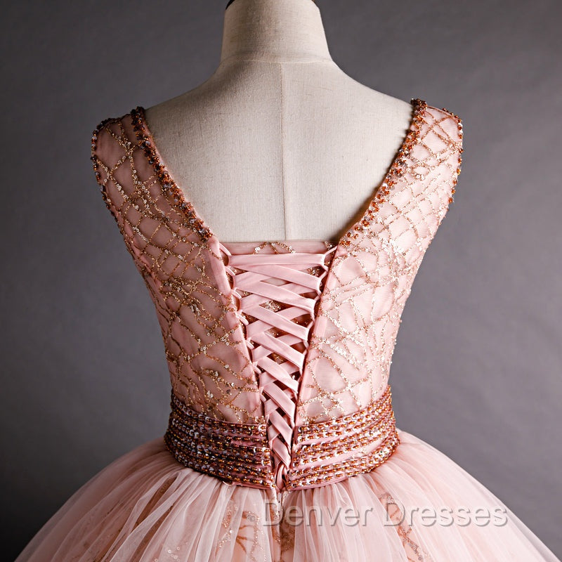 Gorgeous Pink V-neckline Beaded Ball Gown Formal Dress, Pink Sweet 16 Dress