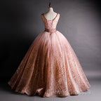Gorgeous Pink V-neckline Beaded Ball Gown Formal Dress, Pink Sweet 16 Dress