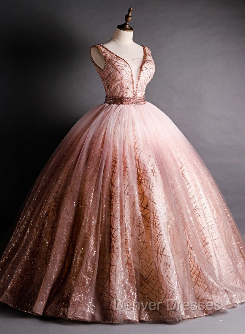 Gorgeous Pink V-neckline Beaded Ball Gown Formal Dress, Pink Sweet 16 Dress Main image