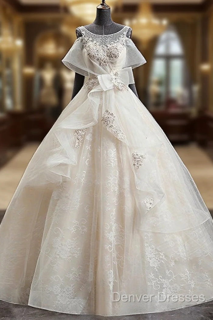 Gorgeous Princess Lace Appliques Beading Yarn Back Unique Sleeve Pretty Bow Ruffles Ball Gown Wedding Dress Main image