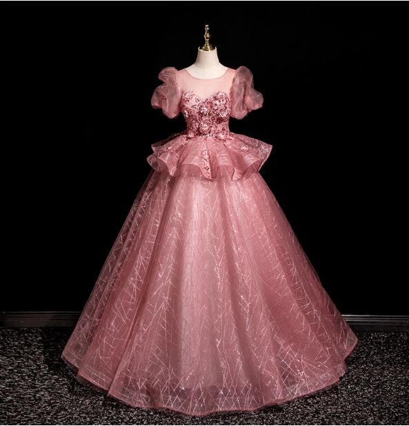 Gorgeous Princess Pink Crew Neck Puff Sleeve Tulle Ball Gown Evening Dress Sweet 16 Dress