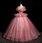 Gorgeous Princess Pink Crew Neck Puff Sleeve Tulle Ball Gown Evening Dress Sweet 16 Dress