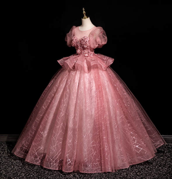 Gorgeous Princess Pink Crew Neck Puff Sleeve Tulle Ball Gown Evening Dress Sweet 16 Dress