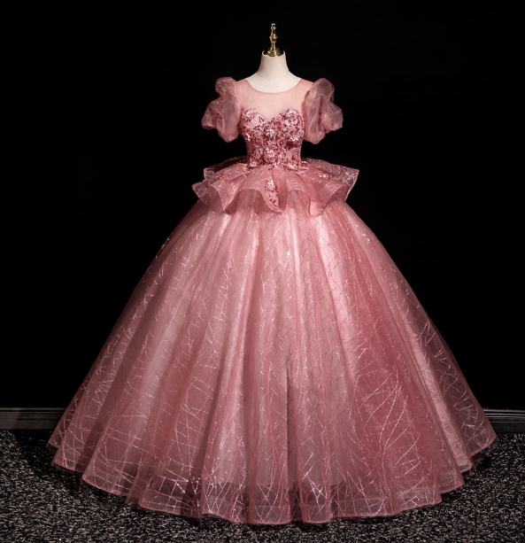 Gorgeous Princess Pink Crew Neck Puff Sleeve Tulle Ball Gown Evening Dress Sweet 16 Dress