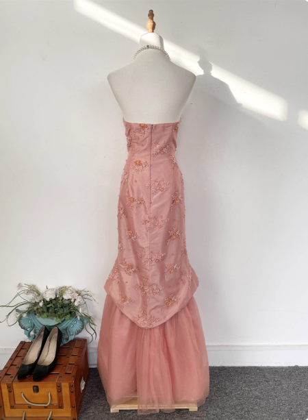 Gorgeous Princess Pink Mermaid Sweetheart Neck Embroidered Floral Satin Tulle Long Prom Dress Evening Dress Secondary image