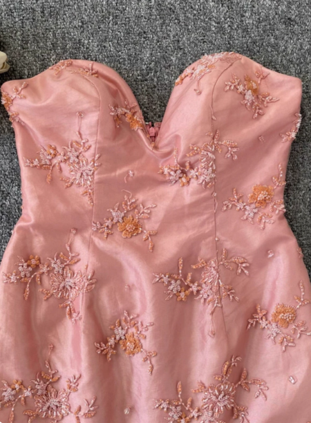 Gorgeous Princess Pink Mermaid Sweetheart Neck Embroidered Floral Satin Tulle Long Prom Dress Evening Dress