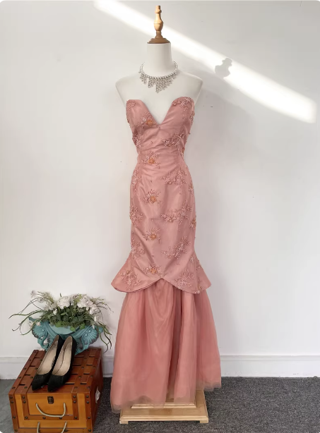 Gorgeous Princess Pink Mermaid Sweetheart Neck Embroidered Floral Satin Tulle Long Prom Dress Evening Dress Main image