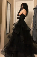 Princess A Line Sweetheart Neck Black Tiered Tulle Long Prom Dress Evening Dress