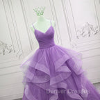 Gorgeous Purple Straps Layers Tulle V-neckline Long Evening Dress, Light Purple Prom Dress