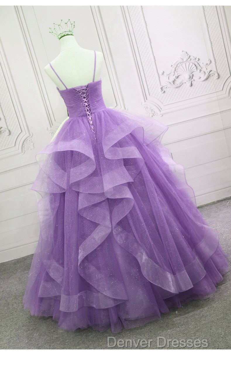 Gorgeous Purple Straps Layers Tulle V-neckline Long Evening Dress, Light Purple Prom Dress