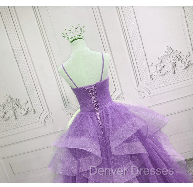 Gorgeous Purple Straps Layers Tulle V-neckline Long Evening Dress, Light Purple Prom Dress