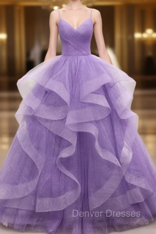 Gorgeous Purple Straps Layers Tulle V-neckline Long Evening Dress, Light Purple Prom Dress Main image