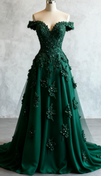 Gorgeous Red A-Line Off-The-Shoulder Tulle Beaded Long Prom Dress Formal Applique Evening Dress