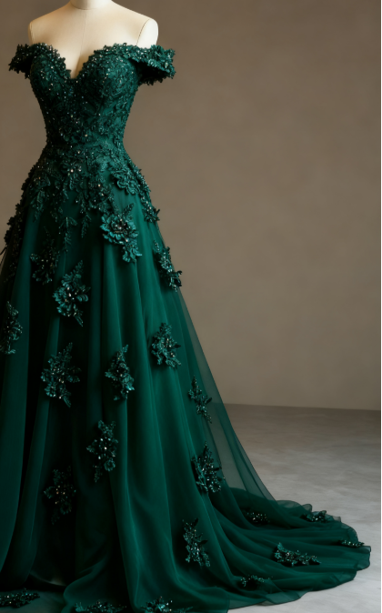 Gorgeous Red A-Line Off-The-Shoulder Tulle Beaded Long Prom Dress Formal Applique Evening Dress