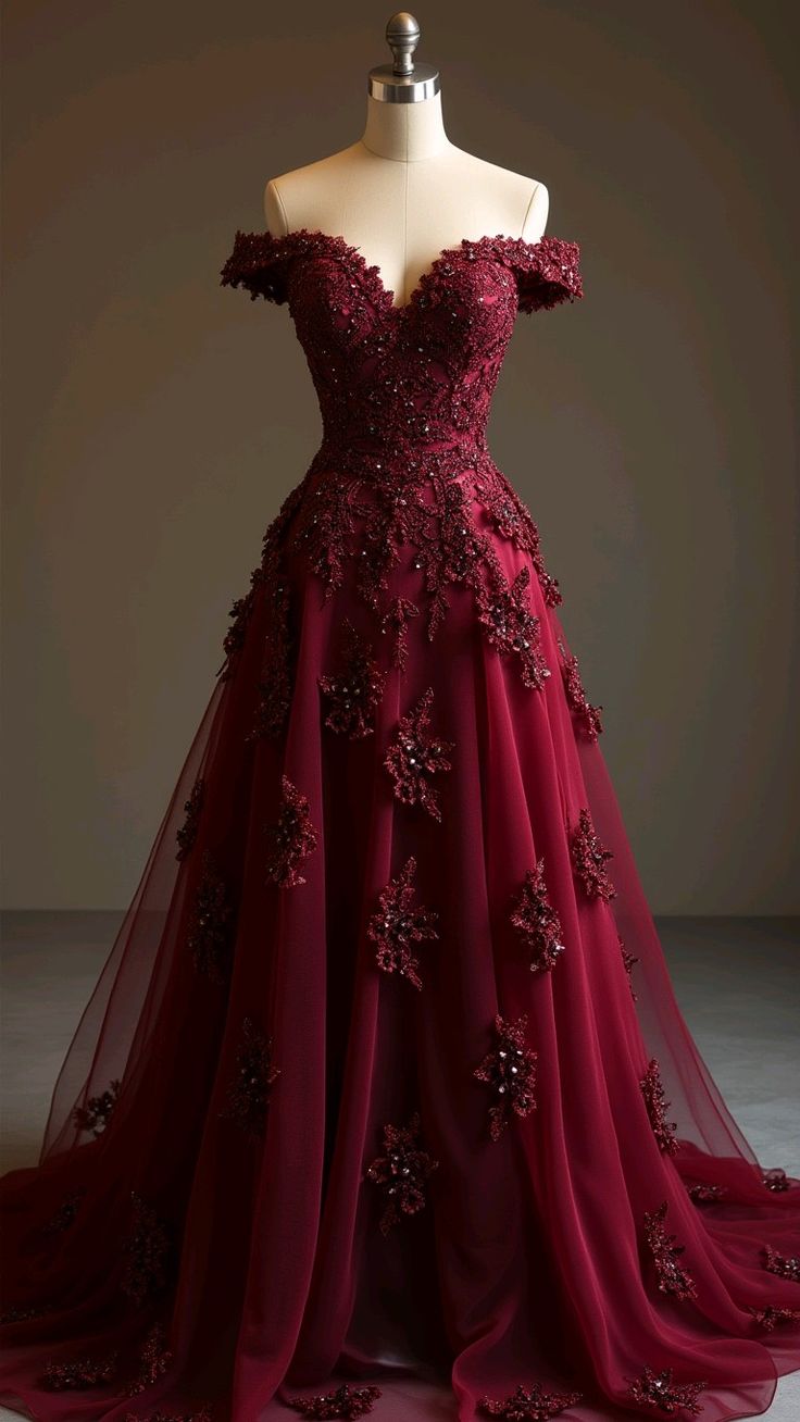 Gorgeous Red A-Line Off-The-Shoulder Tulle Beaded Long Prom Dress Formal Applique Evening Dress Main image