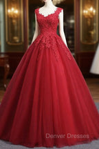 Gorgeous Red Ball Gown Sweet 16 Gown, Red Tulle with Lace Applique Party Dress