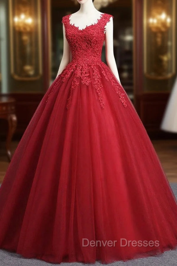 Gorgeous Red Ball Gown Sweet 16 Gown, Red Tulle with Lace Applique Party Dress
