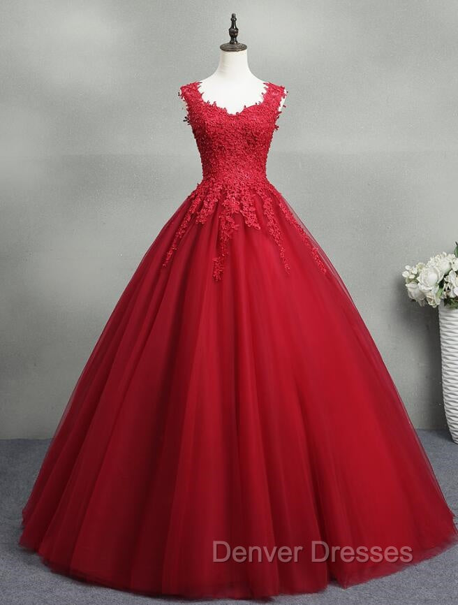 Gorgeous Red Ball Gown Sweet 16 Gown, Red Tulle with Lace Applique Party Dress Main image