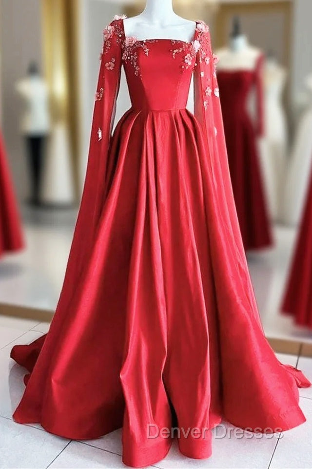 Gorgeous Red Satin Appliques Prom Dress,Formal A Line Party Evening Dress With Cape Main image