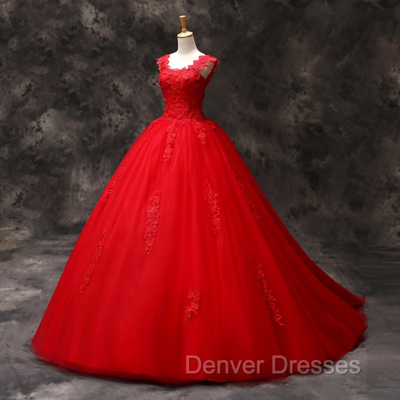 Gorgeous Red Tulle Ball Gown Long Formal Dress with Lace Flowers, Red Sweet 16 Dress Secondary image