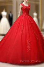 Gorgeous Red Tulle Ball Gown Long Formal Dress with Lace Flowers, Red Sweet 16 Dress