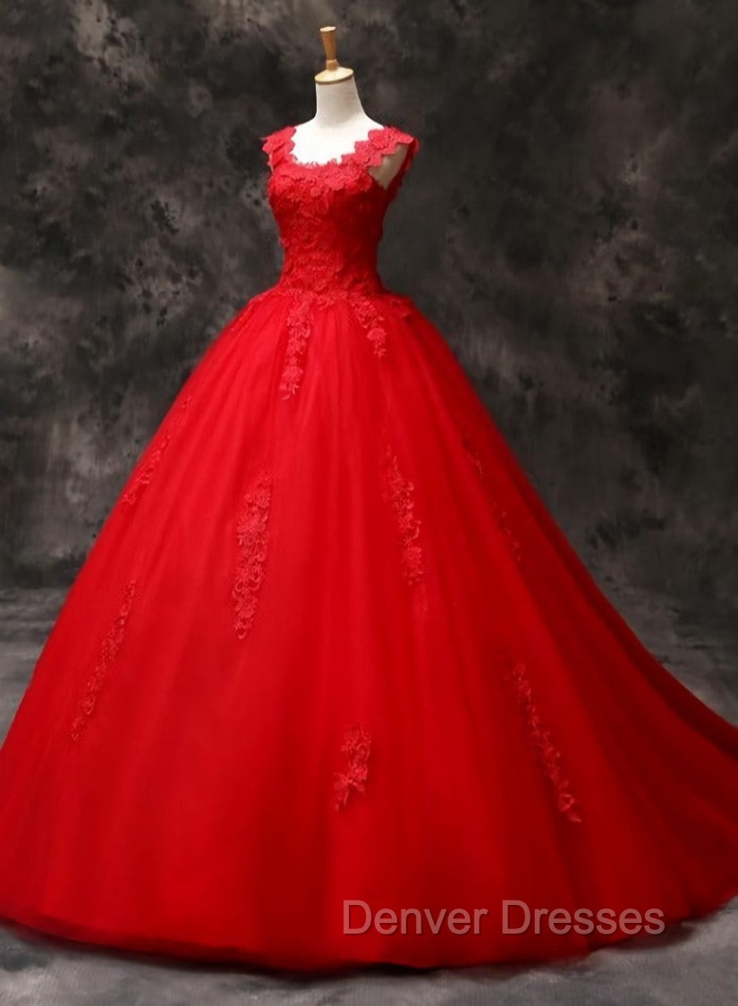Gorgeous Red Tulle Ball Gown Long Formal Dress with Lace Flowers, Red Sweet 16 Dress Main image