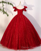 Gorgeous Red Tulle Ball Gown Off Shoulder Sweet 16 Dress, Red Long Formal Dress