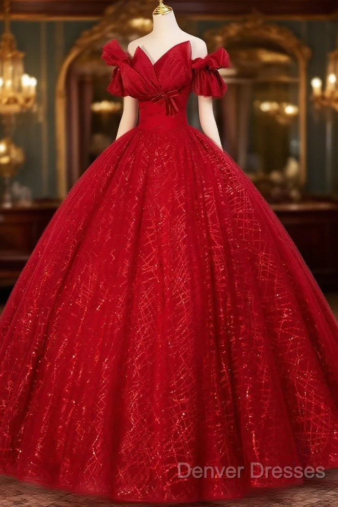 Gorgeous Red Tulle Ball Gown Off Shoulder Sweet 16 Dress, Red Long Formal Dress Main image