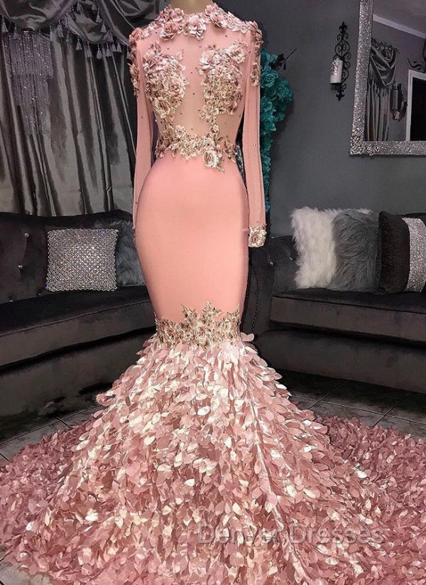 Gorgeous Round Neck Flower Long Sleevess Sequins Mermaid Prom Dress