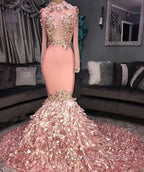 Gorgeous Round Neck Flower Long Sleevess Sequins Mermaid Prom Dress