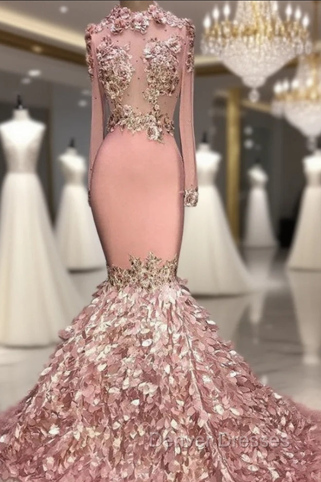 Gorgeous Round Neck Flower Long Sleevess Sequins Mermaid Prom Dress Main image