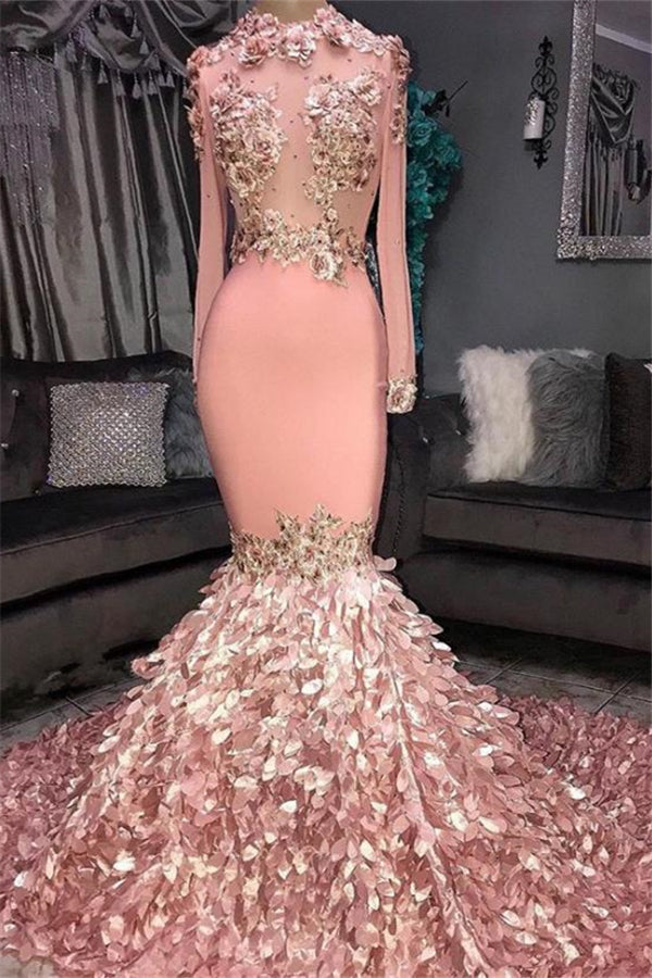Gorgeous Round Neck Flower Long Sleevess Sequins Mermaid Prom Dresses