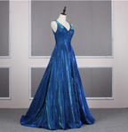 Gorgeous Royal Blue A Line V Neck Backless Satin Train Prom Dress Evening Dress