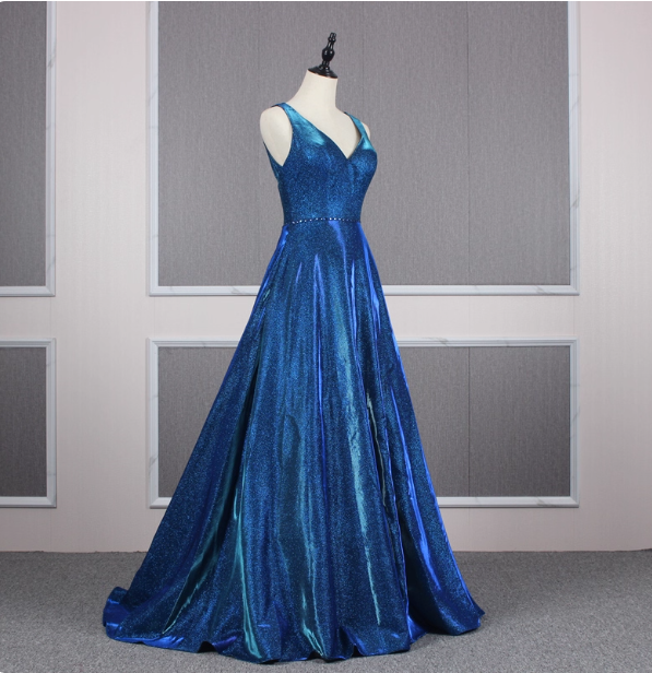 Gorgeous Royal Blue A Line V Neck Backless Satin Train Prom Dress Evening Dress