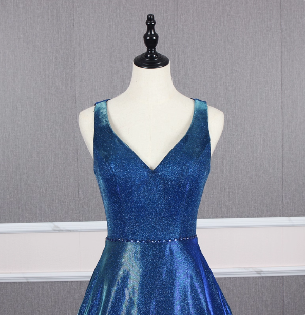 Gorgeous Royal Blue A Line V Neck Backless Satin Train Prom Dress Evening Dress