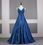 Gorgeous Royal Blue A Line V Neck Backless Satin Train Prom Dress Evening Dress
