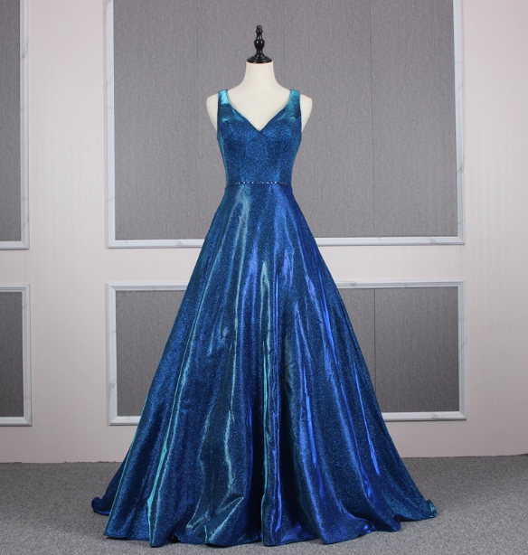 Gorgeous Royal Blue A Line V Neck Backless Satin Train Prom Dress Evening Dress